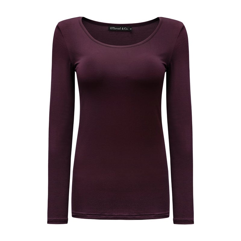 OThread & Co. Women's Long Sleeve T-Shirt Scoop Neck Basic Layer Stretchy Shirts (X-Large, Maroon) - Image 1